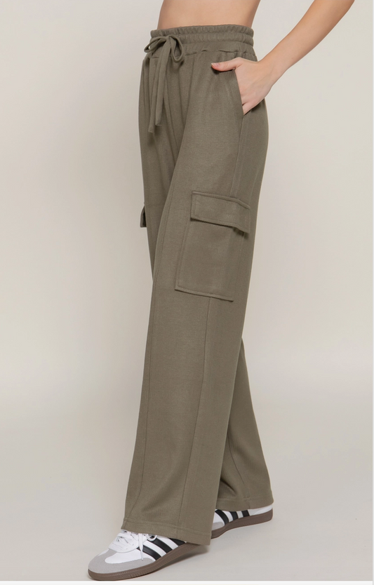 Olive Drawstring Side Pocket Knit Pants