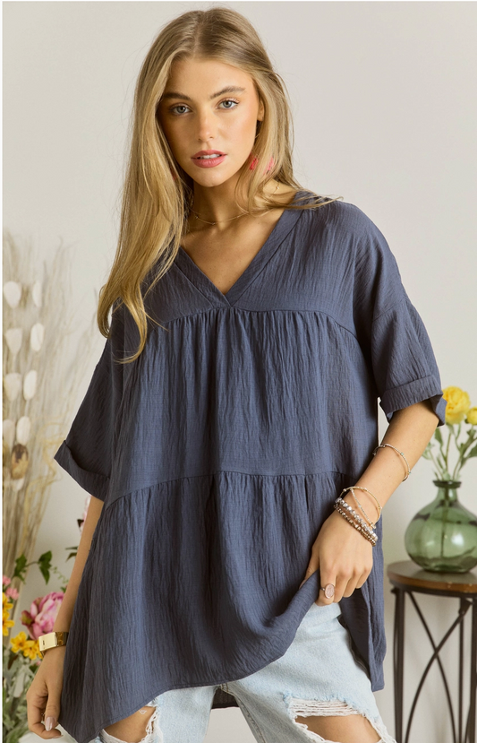 Crinkled Tiered Babydoll Tunic Top