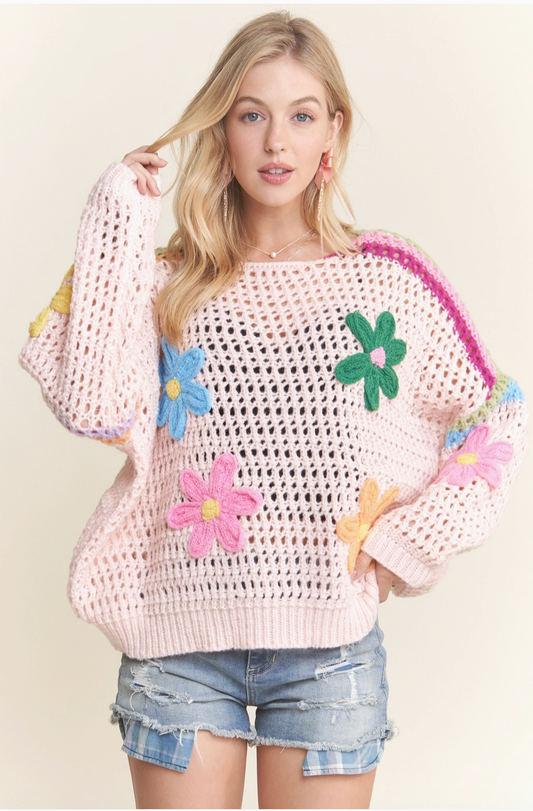 Pink Floral Applique Crochet Top