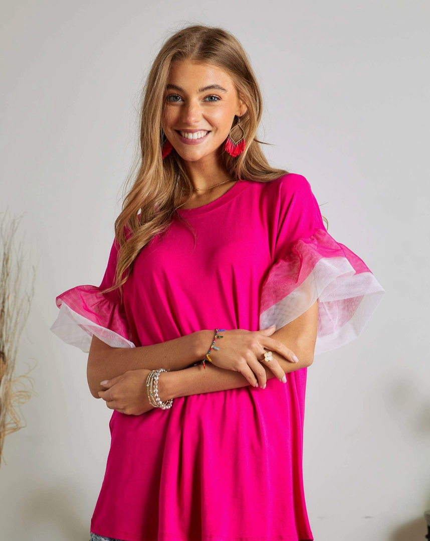 Pink Mesh Ruffled Sleeve Knit Top