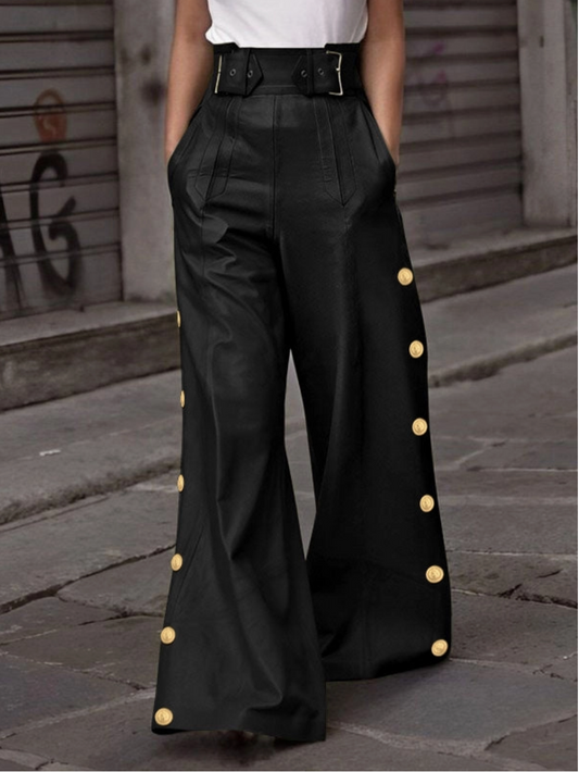 Black  Wide Leg Belted Buttoned Trousers