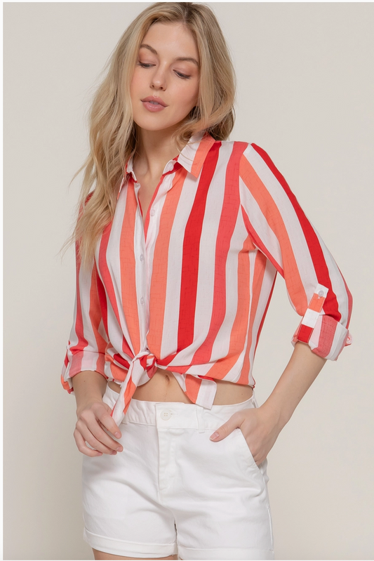 Coral Woven Strip Top