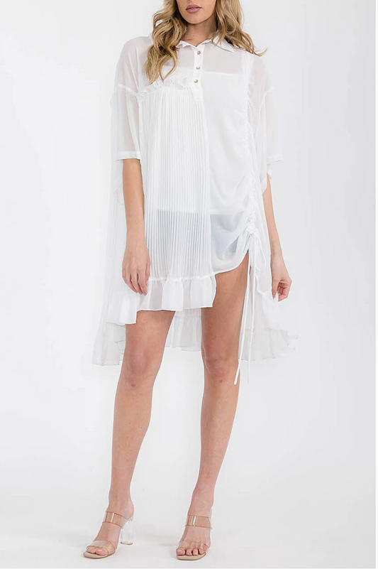 White Ruched Side Ruffle Hem Tunic Top
