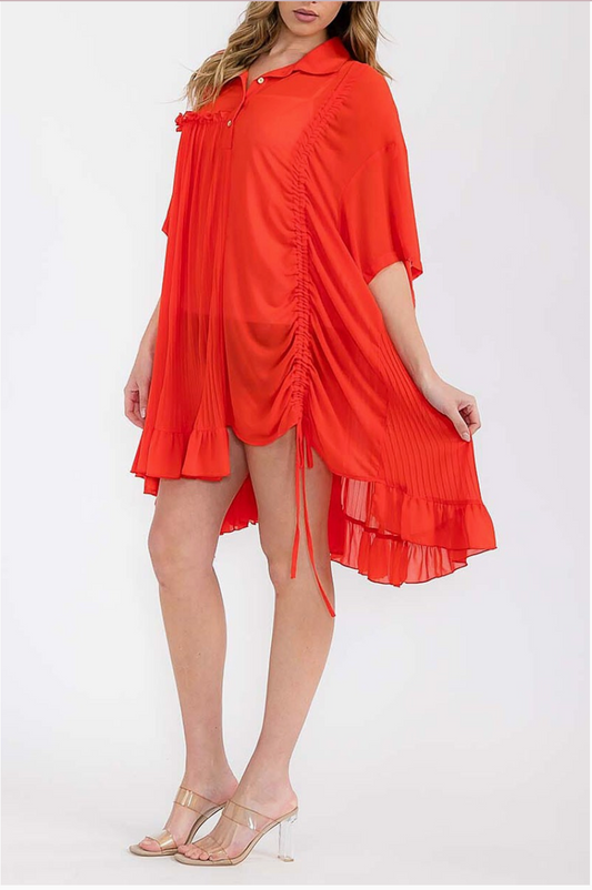 Red  Ruched Side Ruffle Hem Tunic Top
