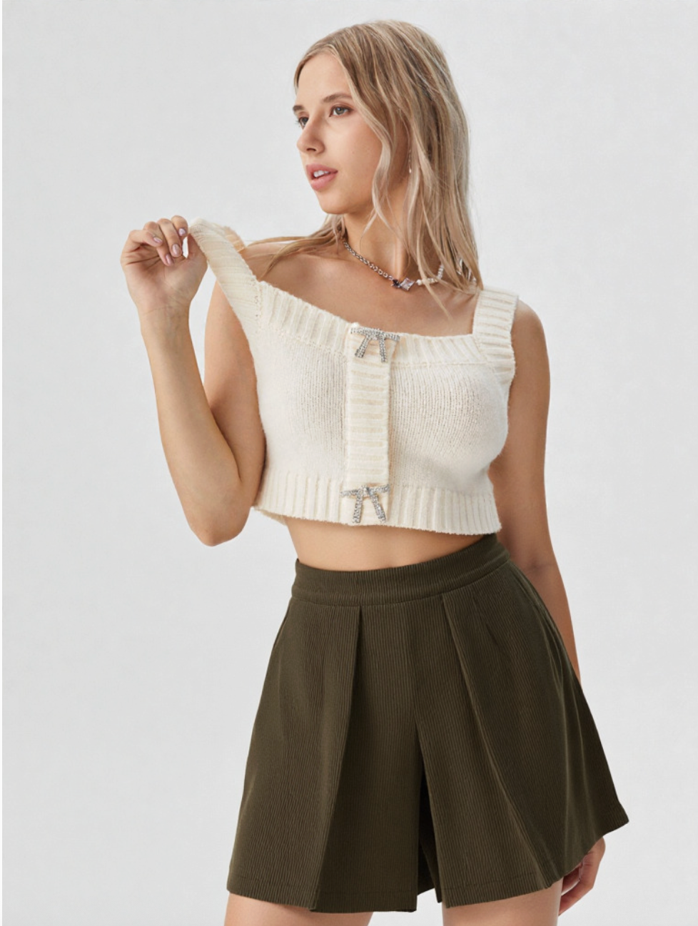 Olive Pleated Cord Shorts