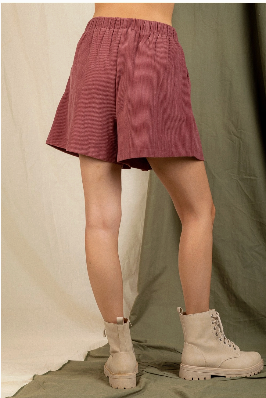 Mauve Pleated Cord Shorts