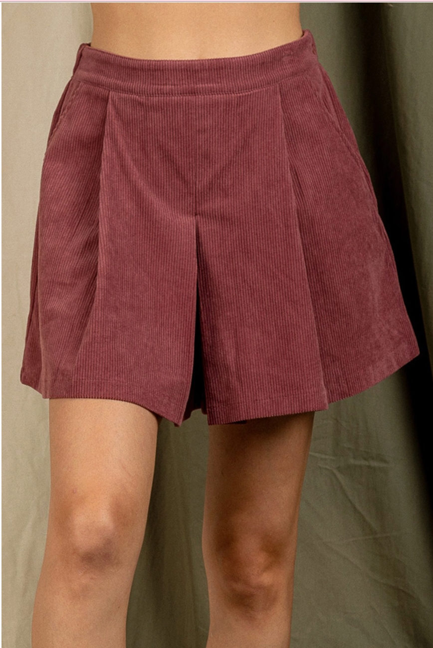 Mauve Pleated Cord Shorts