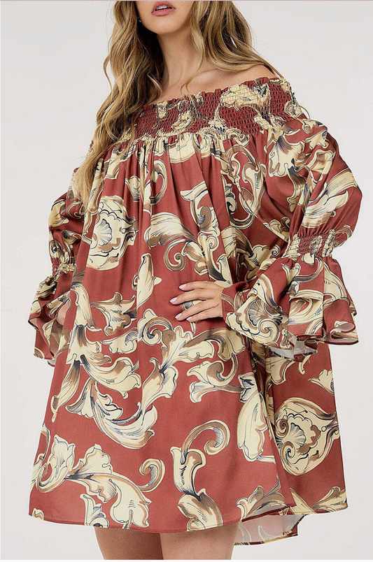 Brown Multi Print Off Sholder Mini Dress