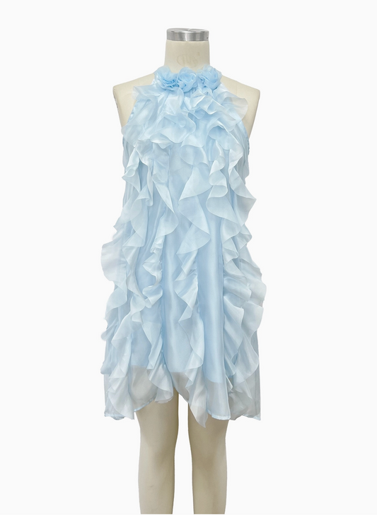 Blue Ruffle Halter Neck Dress