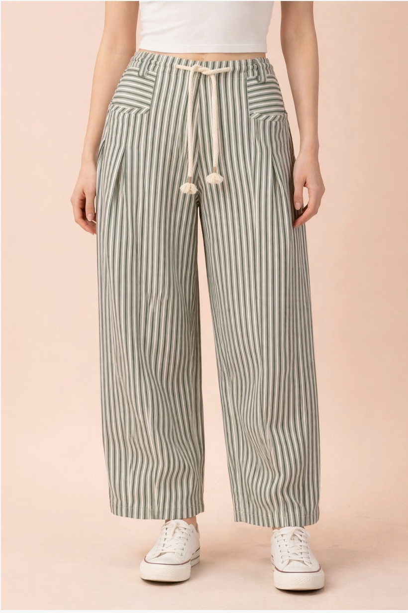 Green Striped Barrel Pants