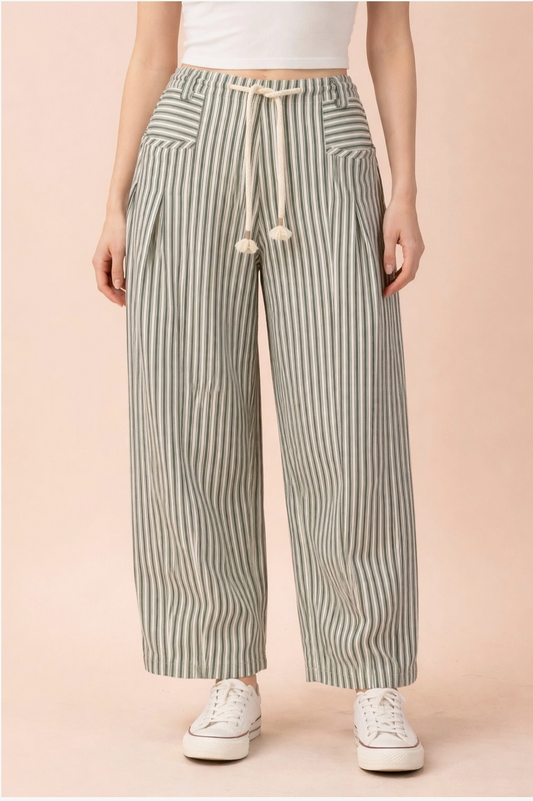 Green Striped Barrel Pants