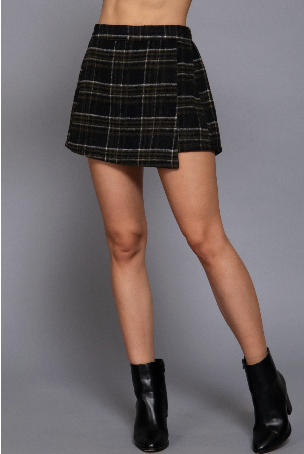 Black Plaid Wrap Skort