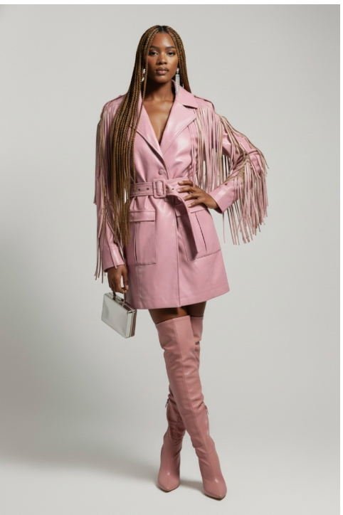 Pink Faux Leather Fringe Belted Coat Dress