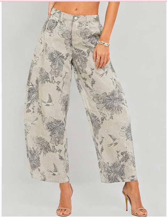 White Floral Barrel Pants