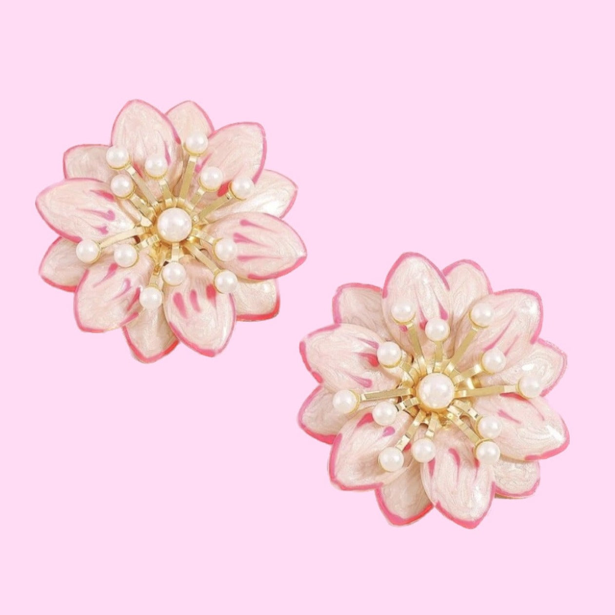 Pink Pearl Flower Puff Earrings